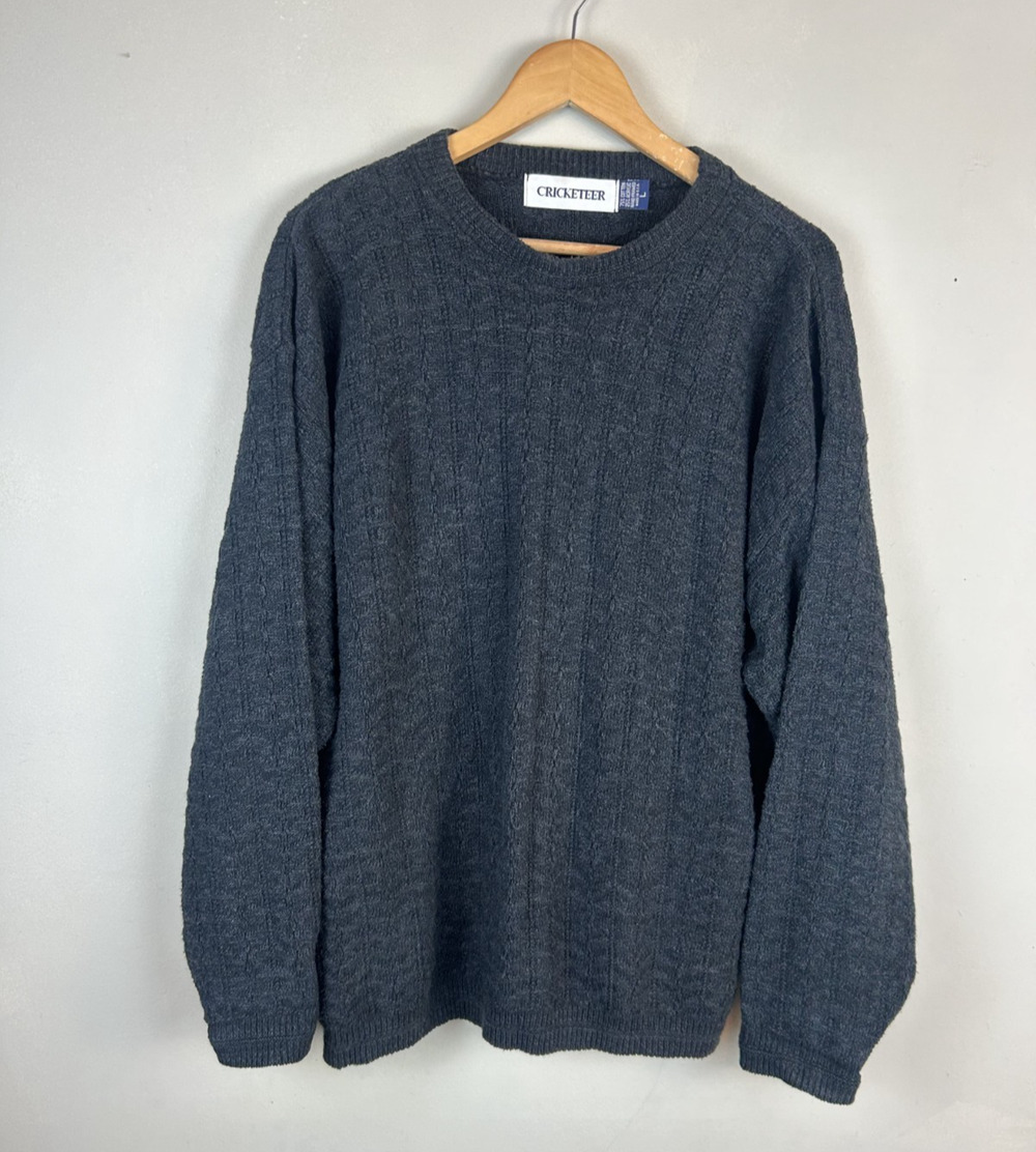 VTG Cricketeer Mens Blue Gray Knit Sweater Grandpa Fisherman Crew Sz L Chunky